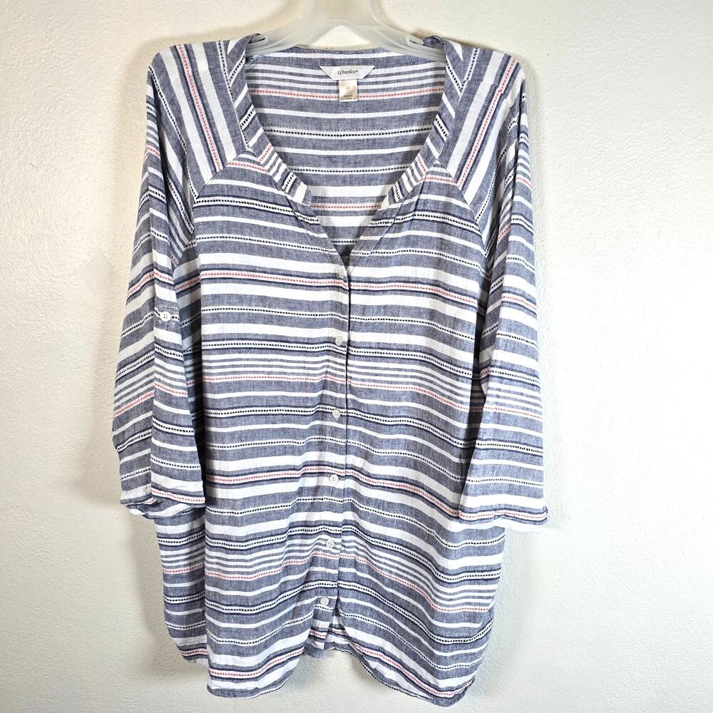 CJ Banks Blouse Women's 2X Blue White Red Linen Blend Stripe Summer Classic Boho
